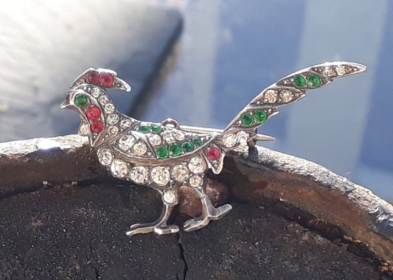 Antique Silver Paste Pheasant Brooch, Feather Phe… - image 2