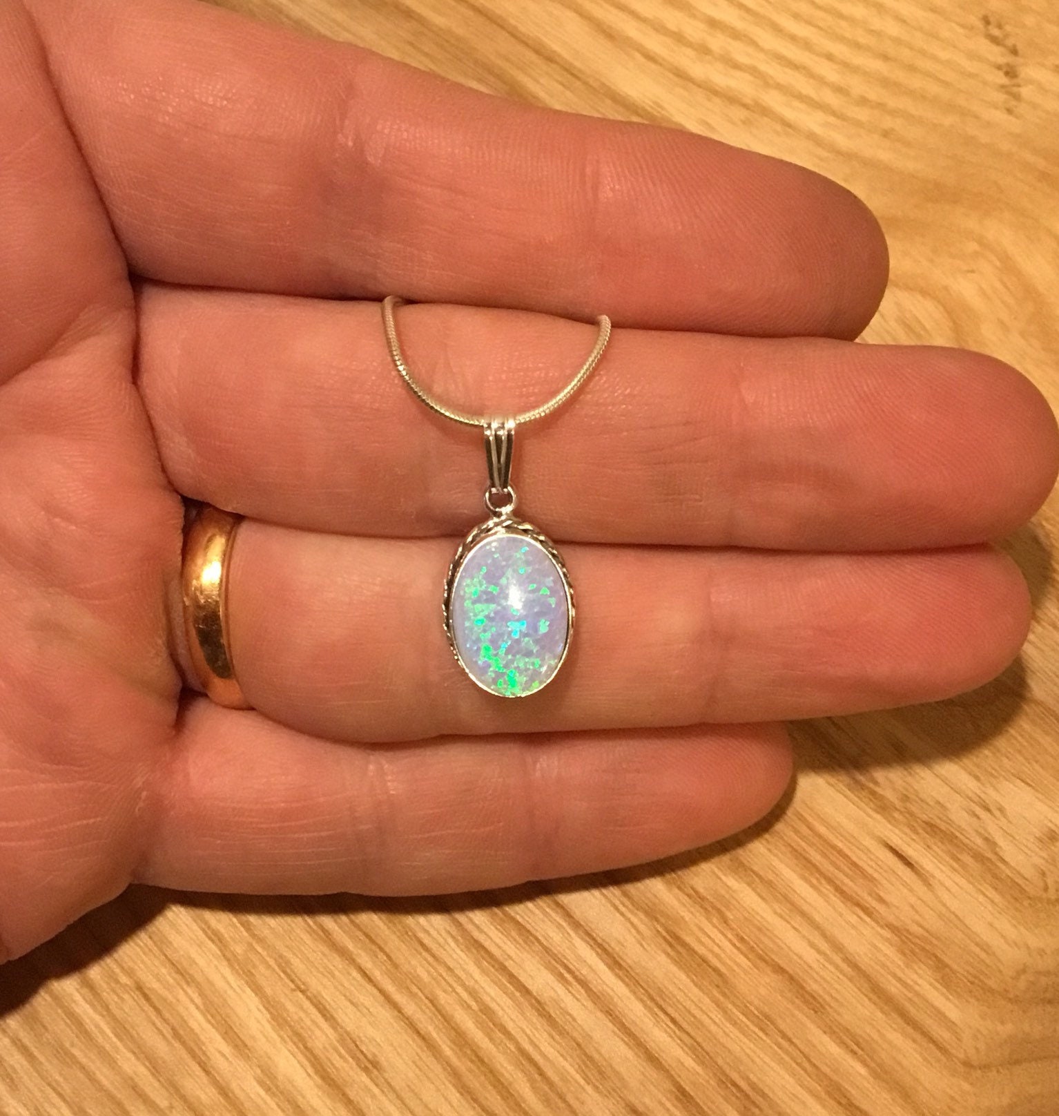 Sterling Silver Lab Opal Pendant and Chain
