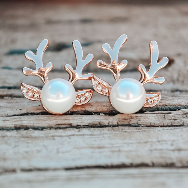 Christmas Earrings | Pearl Reindeer Studs | Pearl Earrings | Silver Earrings | Gold Earrings | Minimalist Holiday Earrings | Festive Earring