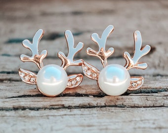 Christmas Earrings | Pearl Reindeer Studs | Pearl Earrings | Silver Earrings | Gold Earrings | Minimalist Holiday Earrings | Festive Earring