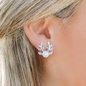 Christmas Earrings | Pearl Reindeer Studs | Pearl Earrings | Silver Earrings | Gold Earrings | Minimalist Christmas Earrings