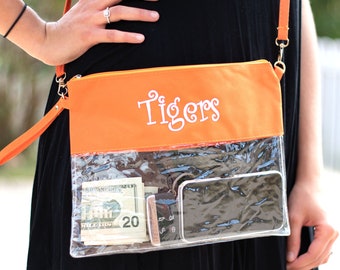 Monogrammierte klare Stadion-Umhängetasche, personalisierte Spieltag-Geldbeutel