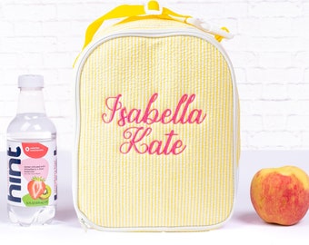 Seersucker-lunchtas met monogram, gepersonaliseerde geïsoleerde lunchbox voor kinderen