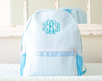 Monogrammed Seersucker Kids Backpack, Personalized School Bag