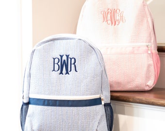 Sac à dos personnalisé en seersucker pour enfants, cartable à monogramme pour garçons