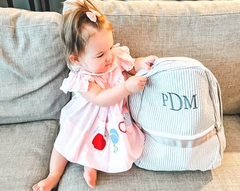 Sac à dos personnalisé en seersucker pour enfants, cartable à monogramme pour garçons
