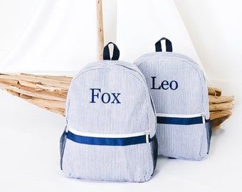 Monogrammed Seersucker Kids Backpack, Personalized School Bag