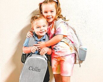 Gepersonaliseerde Seersucker-lunchtas voor kinderen, geïsoleerde lunchbox met monogram