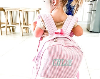 Monogrammed Seersucker Kids Backpack, Personalized School Bag