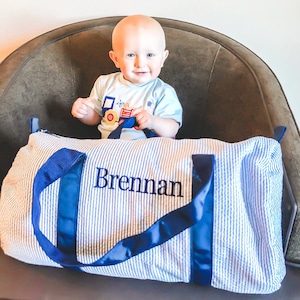 Personalized Baby Duffle Bag, Monogram Seersucker Baby Bag, Monogrammed Baby Gifts for Boys, Kids Duffel Bag, Monogram Baby Travel Bag