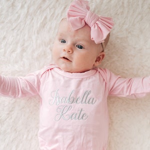 Personalized Knot Gown, Baby Girl Coming Home Outfit, Baby Hospital Outfit, Newborn Baby Girl Outfit, Baby Shower Gift for Baby Girl