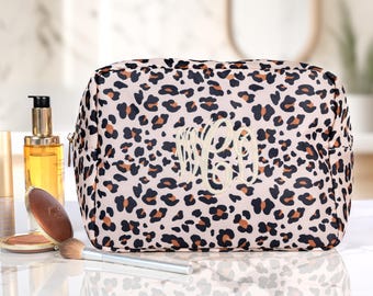 Personalized Nylon Cosmetic Bags, Oversized Leopard Makeup Bag, Monogram Makeup Organizer, Custom Toiletry Bag