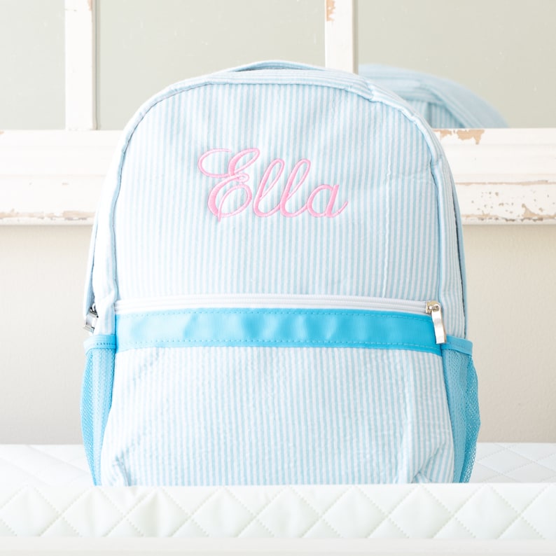 Personalized Baby Backpacks Monogrammed Toddler Backpacks Seersucker Backpack Preschool Book Bag Personalized Baby Girl Gifts Aqua