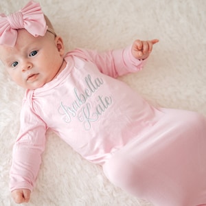 Personalized Knot Gown, Baby Girl Coming Home Outfit, Baby Hospital Outfit, Newborn Baby Girl Outfit, Baby Shower Gift for Baby Girl