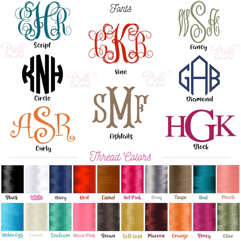 Pu&ograve; includere: Immagine che mostra vari stili di caratteri monogramma e colori del filo. I caratteri includono Script, Vine, Circle, Curly, Fishtails, Diamond e Block. I colori del filo sono mostrati in una tavolozza, tra cui nero, bianco, blu navy, rosso e altro.