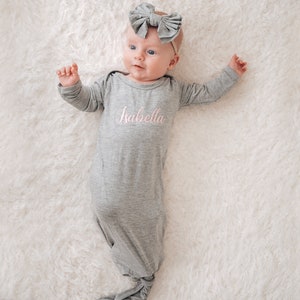 Personalized Knot Gown, Baby Girl Coming Home Outfit, Baby Hospital Outfit, Newborn Baby Girl Outfit, Baby Shower Gift for Baby Girl