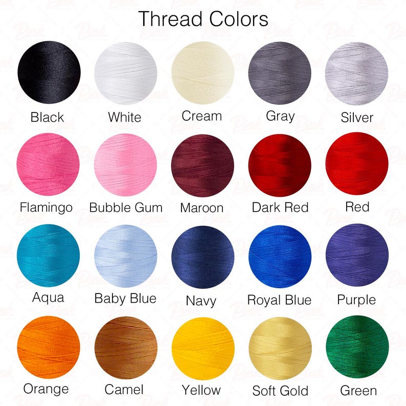 May include: A chart of thread colors with names for each color. The colors include black, white, cream, gray, silver, flamingo, bubble gum, maroon, dark red, red, aqua, baby blue, navy, royal blue, purple, orange, camel, yellow, soft gold, and green.