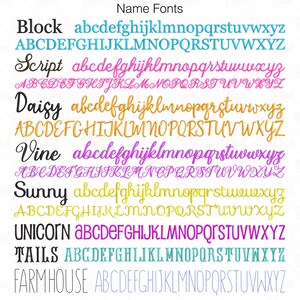 Op de afbeelding: Een weergave van verschillende lettertypen voor namen, waaronder Block, Script, Daisy, Vine, Sunny, Unicorn, Tails en Farmhouse. Elk lettertype wordt weergegeven met kleine en hoofdletters in verschillende kleuren, zoals blauw, roze en geel.