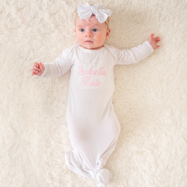 Personalized Knot Gown | Baby Girl Coming Home Outfit | Baby Hospital Outfit | Newborn Baby Girl Outfit | Baby Shower Gift for Baby Girl