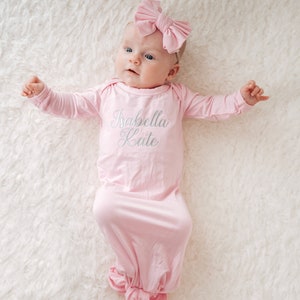 Personalized Knot Gown, Baby Girl Coming Home Outfit, Baby Hospital Outfit, Newborn Baby Girl Outfit, Baby Shower Gift for Baby Girl