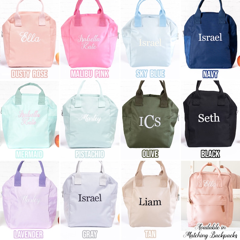 May include: Twelve different colored lunch bags with various names embroidered on them. The bags are made of canvas and have a zipper closure. The colors include dusty rose, malibu pink, sky blue, navy, mermaid, pistachio, olive, black, lavender, gray, tan, and pink.
