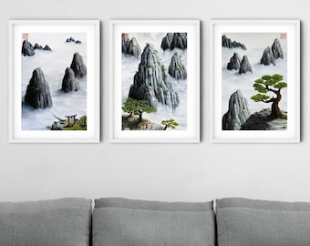 3 Piece Wall Art or Set of Two Prints, Chinese Painting Printable Wall Art, Artwork Set "Ambition", "Faith", and "Gratitude"  by Andrew Lee