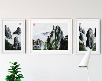 3 Piece Wall Art or Set of Two Prints, Chinese Painting Printable Wall Art, "Strength", "Courage", and "Motivation"  by Andrew Lee