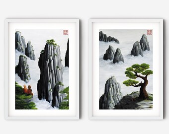 Set of Two Prints, Chinese Painting Printable Wall Art, Monks Artwork Set of "Motivation" and "Gratitude"  Art Prints by Andrew Lee