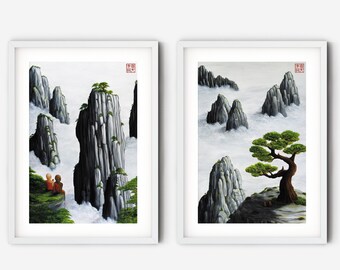 Zwei Drucke, Chinesische Malerei Kunstdrucke, Mönche Kunstwerk Set von "Motivation" und "Dankbarkeit" von Andrew Lee