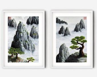 Set of Two Prints, Chinese Painting Printable Wall Art, Monks Artwork Set of "Ambition" and "Gratitude"  Art Prints by Andrew Lee