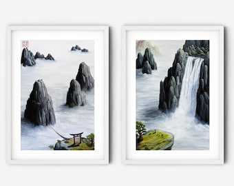 Set of Two Prints, Chinese Painting Printable Wall Art, Monks Artwork Set of "Faith" and "Tranquility"  Art Prints by Andrew Lee