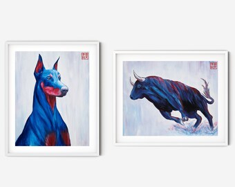Set of Two Prints, Chinese Painting Printable Wall Art, Artwork Set of "Loyalty" and "Honesty"  Art Prints by Andrew Lee