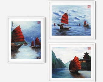 3 Stück Wandkunst oder Zweier-Set, Chinesische Malerei Kunstdrucke, Kunstwerk Set chinesischer Boote "Reise", "Krieg" und "Home" von Andrew Lee