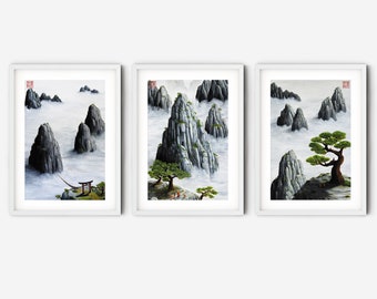 3 Stück Wandkunst oder Zweier-Set, chinesische Malerei Kunstdrucke, Mönche Kunstwerk Set von "Ambition", "Glaube", und "Dankbarkeit" von Andrew Lee