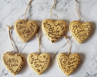 Sale wooden hearts Mother's Day Father's Day Mom Dad 9 cm 8 cm 7.5 cm remaining stock light wood burned saying all the best greetings thank you i love you