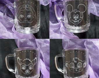 Disney Kids "Gap It" Glass Mug Coffee Tea various Characters Winnie Pooh Princess engraved by Hand Cocoa Cup Mickey Mouse Monsters Inc Bambi