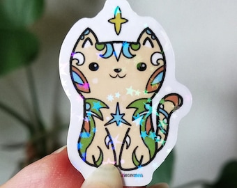 Sticker Fairy Gnome Cat Set of 3 Vinyl Holo-Star Fantasy Forest 3.7 cm Die-Cut Sticker Sheets Holographic Effect Cats by Alice Entropie