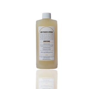 May include: A clear bottle of wood polish with a white cap. The label reads "OUR POLISH IS SPECIAL" and includes directions for use on finished and unfinished wood, hardwood floors, and metal and marble surfaces. The bottle contains 8 fl oz.