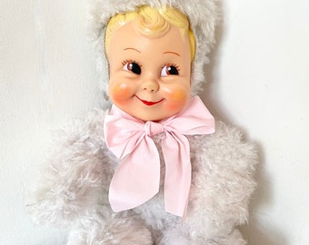 Vintage rubberen sneeuwbabypop: chenille pluche, jaren 50-60