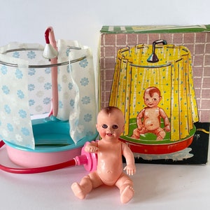 Vintage Oskar baby doll with shower in original box. Made in Italy 1960s