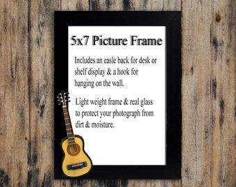 Acoustic Guitar Design Real Oak Picture Frame 4 x 6 With Hand Cast Pewter Motif Rock Pop Musician Music Gift