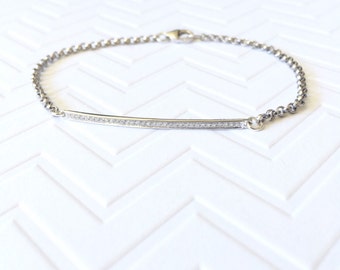 14k gold Pave diamond bar bracelet , skinny bar bracelet , white gold , rose gold , yellow gold , tiny diamonds