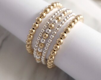 Bracelet Set of 5 Gold and silver beaded bracelet / gold and silver stacking bracelet / gold-filled and sterling silver bracelet