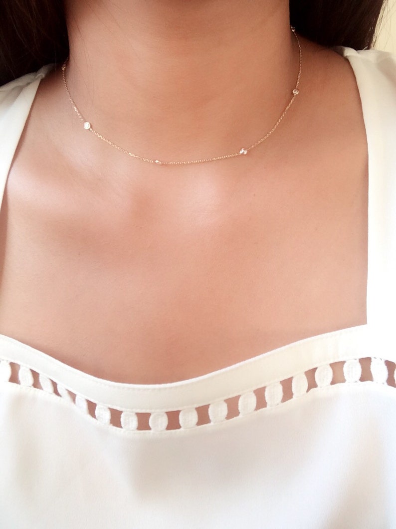 Dainty By the yard choker necklace, bezeled cz choker necklace , minimalist choker 14k gold , station necklace , diamond station necklace image 2