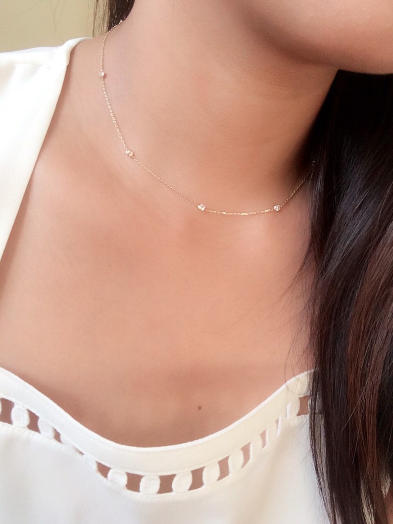 Dainty By the yard choker necklace, bezeled cz choker necklace , minimalist choker 14k gold , station necklace , diamond station necklace image 1