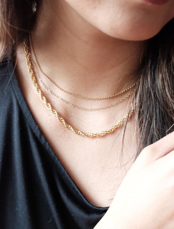 Set of 3 Layered Necklace, Rope Chain Necklace, Thin Rolo Chain