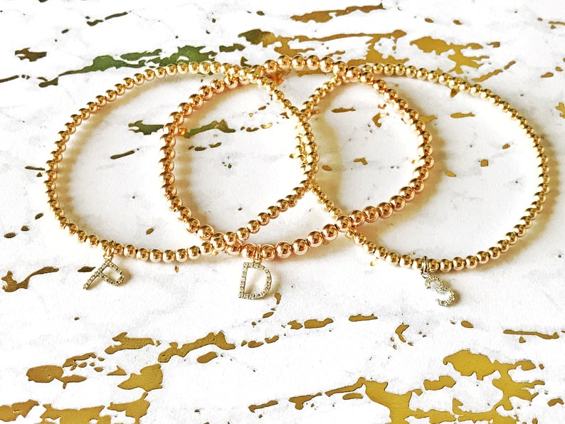 Gold Beaded Bracelet With Initial Charm / Gold Beaded Bracelet Etsy