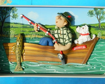 One Angler and his Dog in a Fudge tin - Hanging Decoration