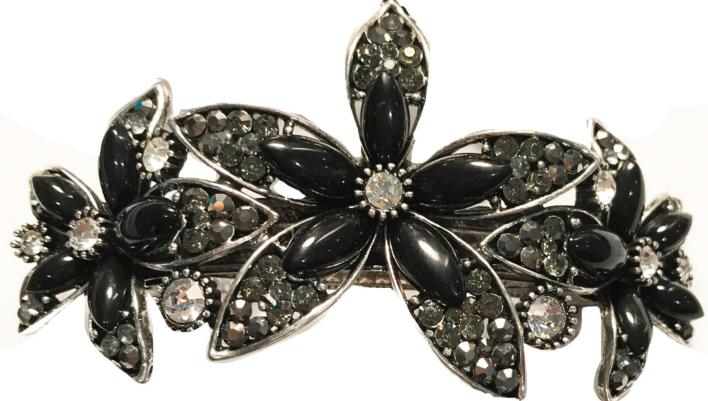 New Triple Floral Antique Silver With Black Lacquer & CZ 