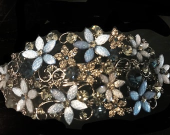 New Antique  Silver Light & Dark Blue Floral Cluster Metal 3 1/2&#39;&#39; Hair Barrette